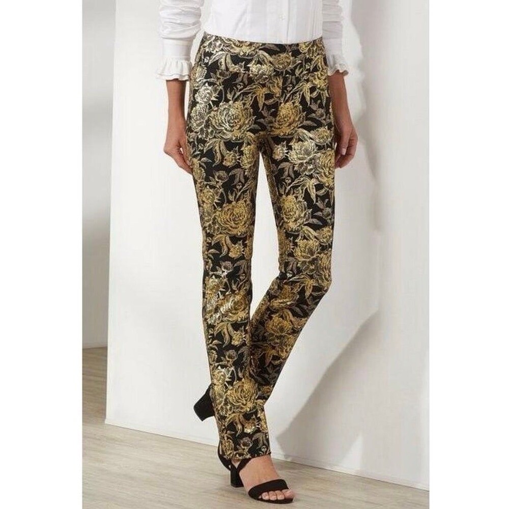 Soft Surroundings Moonstruck Floral Pants Sz. Medium Metallic Gold